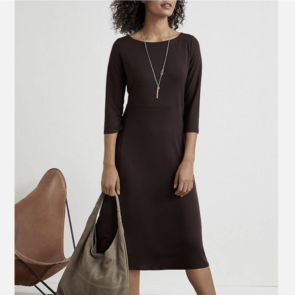 Eileen Fisher Espresso Stretch-Jersey 3/4 Sleeve Bateau-Neck Midi Dress